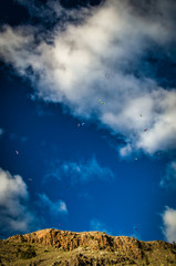 A flock of paragliders in a blue sky