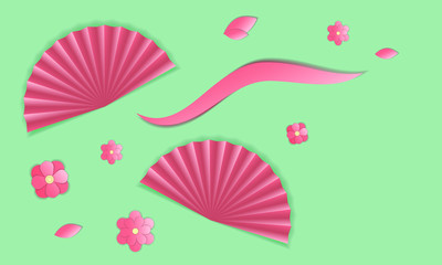 Two oriental fan and pink flowers. Vector illustration