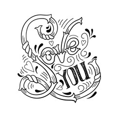 Love you.Vector typographical background with unique lettering made in hand drawn style. Template for poster,prints, card and banner.Cartoon illustration.