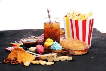 Unhealthy products. food bad for figure, skin, heart and teeth.