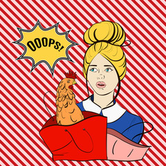 Vector illustration of young pretty woman with packets and chicken. Template for business card and banner,colorful vintage poster in cartoon style.