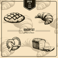 Hand drawn illustration of bakery products . Bakery product. Template for poster business card banner label and icon for bakery shop and menu. Bakery hand sketched.