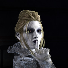 Illustration of a pale woman wearing a high collar gauzy garment with a finger to her lips in a dark and spooky environment.