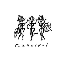 Carnival monochrome vector logo. Handwritten inscription and beautiful samba dancers in feathers. Art illustration original graphic pattern imitation of painting with brush and ink. Black template iso