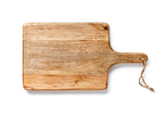 Wooden board for bread isolated on white background. Top view of Kitchen tool.