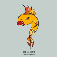 Vector illustration of funny nice fish with big red lips  made in hand drawn cartoon style. Template for business card, poster and banner. Print for t-shirt, sweatshirt, bag.