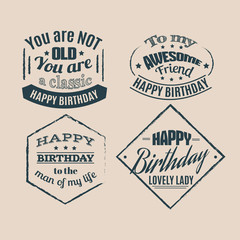 Collection of minimalistic birthday quote typographical background . Vector set  with hand drawn elements and illustration of pie and cake. Template for poster card and banner.
