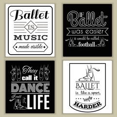  Quote typographical background about dance and ballet. Vector template for card banner and poster with hand drawn elements and illustration of pointe shoes.
