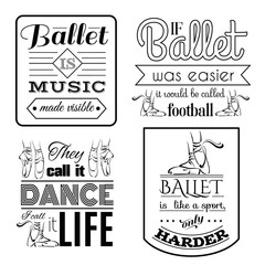  Quote typographical background about dance and ballet . Vector template for card banner and poster with hand drawn elements and illustration of pointe shoes on white background.
