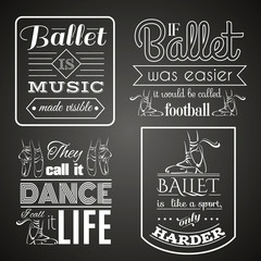  Quote typographical background about dance and ballet. Vector template for card banner and poster with hand drawn elements and illustration of pointe shoes in blackboard style.