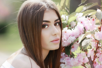 The beautiful girl with a romantic hairstyle and a professional make-up enjoys a smell of pink colors in a garden. The girl dreams. A portrait of the beautiful girl model in the spring in the park.