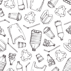 Hand drawn doodle plastic pollution seamless pattern. Vector illustration sketchy symbols collection. Bag, Bottle, Package, Contamination, disposable dish, straw. Plastic products recycling.