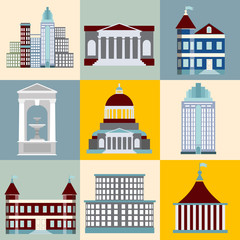 City constructor.Vector illustration of buildings made in cartoon style. Colorful template for business card poster and banner. Big architectural collection in classical and modern styles.