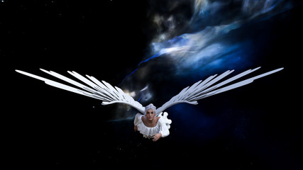 Winged being in a white dress soaring in space with a nebula and stars in the background.
