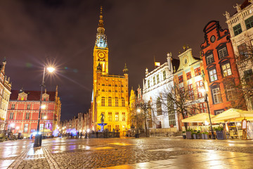 Gdansk Town Hall and the Fountain of Neptune in Long market, evening view