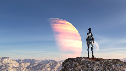 Illustration of an extraterrestrial wearing a spacesuit standing on a mountaintop looking at the blue sky on an alien planet. © Bert Folsom