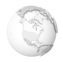 Earth globe. 3D world map with grey political map of countries dropping shadows on white seas and oceans. Vector illustration