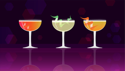 Grey Goose Cherry Noir,  Cherry Cosmo Cocktail,  Sparkling Apple Sherry Cocktail  on black-purple  mirrored background.  Vector illustration for web and print,  party invitation or menu decoration
