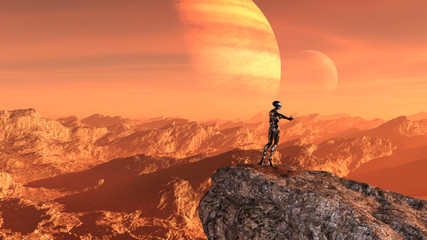 Illustration of an extraterrestrial wearing a spacesuit standing on a mountaintop waiting for a ride with thumb up on an alien planet.