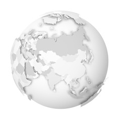 Earth globe. 3D world map with grey political map of countries dropping shadows on white seas and oceans. Vector illustration