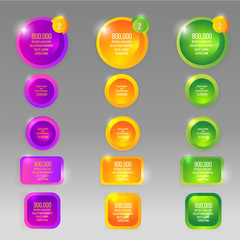 Glass vector round buttons with colorful  labels, template for web and print decoration, sale sign or discount poster creative design