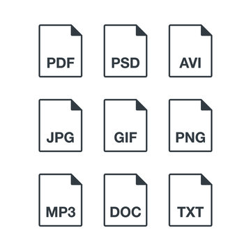 Black popular thin line document file format icons set. Multi types simple flat design vector pictogram for app ads web website button ui ux interface elements isolated on white background