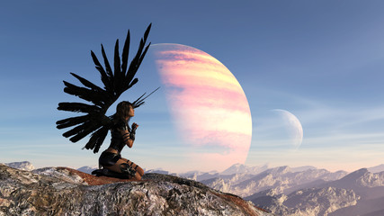 Illustration of a woman with outstretched wings kneeling and praying atop a mountain with blue sky and a planet and moon in the background. © Bert Folsom