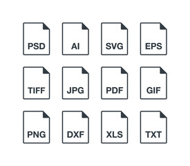 Black popular line document file format icons set. Multi types simple flat design vector pictogram for app ads web website button ui ux interface elements isolated on white background