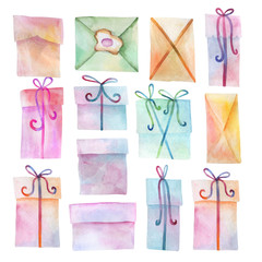 Set of multi-colored boxes tied with ribbons. Watercolor drawing. Isolated objects.