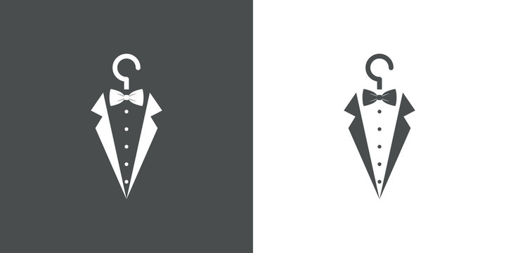 Icono plano con corbata de lazo y solapas con percha en gris y blanco