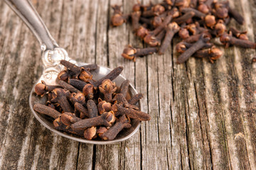 dried herb, dried cloves on wooden background