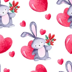 Photo sur Plexiglas Lapin Joli modèle sans couture aquarelle avec des lapins et des coeurs
