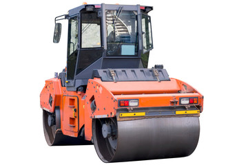 Heavy vibration roller compactor or road roller for building new road, compacting asphalt, isolated on white. Road construction, asphalt pavement works, renewal process