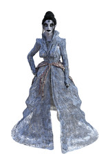 Illustration of a zombie woman wearing a flowing gauzy dress on a white background.