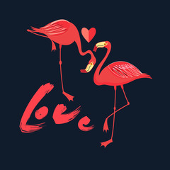 Obraz premium Festive card in love with red flamingos with a heart