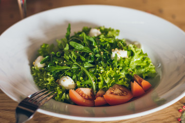 Tasty fresh salad with different ingredients like salad, tomatoes, meat, cheese in the restaurant on the white plate