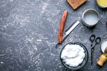 babrer workplace with tools on gray background top view mock up