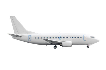 Aircraft with landing gear isolated from the white background. Side view.