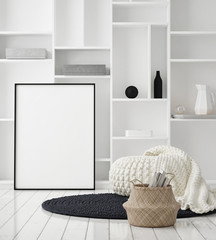 mock up poster frame in modern interior background, living room, Scandinavian style, 3D render, 3D illustration