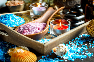 Items for spa massage in the composition on the table