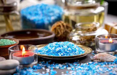 Items for spa massage in the composition on the table