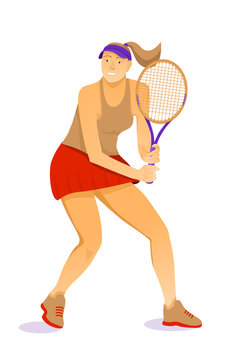 Illustration with woman tennis player on white background. Healthy lifestyle concept. Vector flat art.