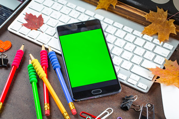 Back to school. Items for school classes in the composition on the table.
