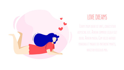 Illustration with dreaming girl,  hearts and text field. Romantic card in trendy flat linear style. Vector banner.