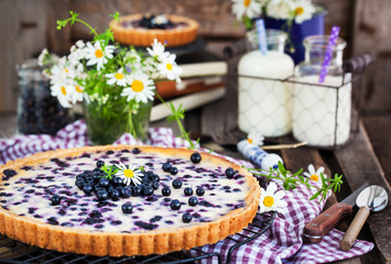 Fresh homemade creamy blueberry tart (open pie) on rustic background