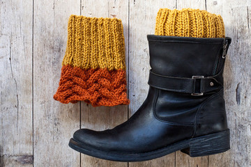 black leather boot and knitted wood legwarmers