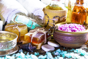 Items for spa massage in the composition on the table