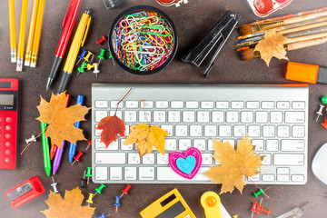 Back to school. Items for school classes in the composition on the table.