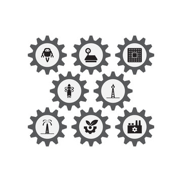 Set Of 8 Industry Icons Set. Collection Of Aerospace, Manufacturing, Gas Tower And Other Elements.
