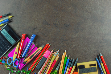 Back to school. Items for school classes in the composition on the table.